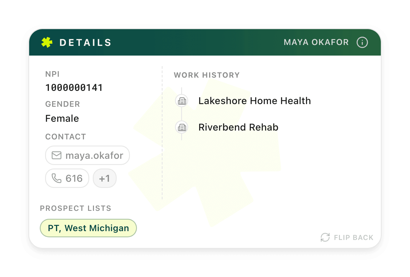 Back of Maya Okafor's card with NPI, contact details, prospect lists and work history