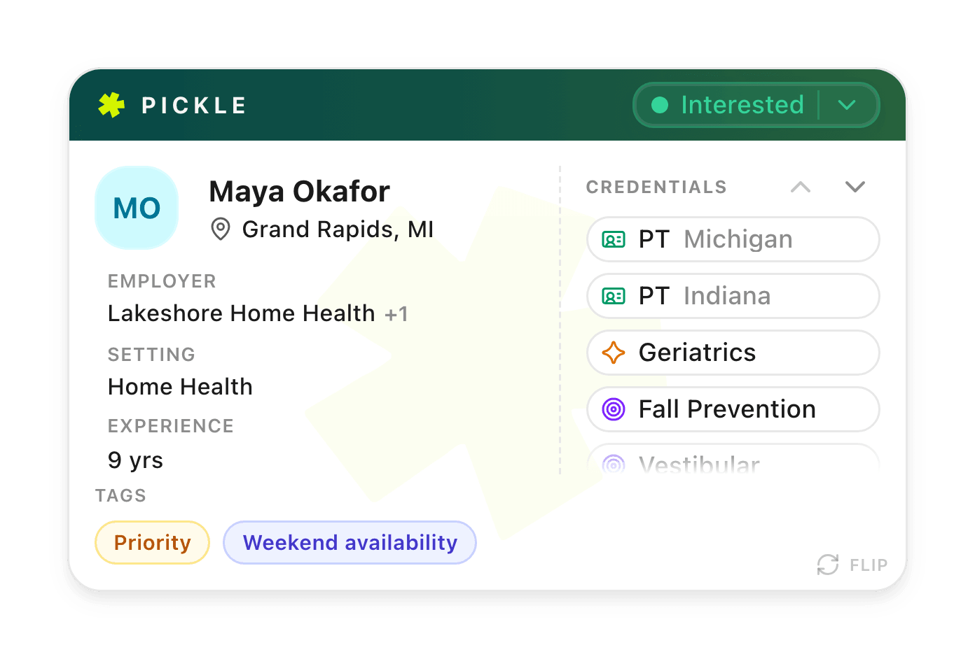 Candidate card for Maya Okafor with stage, employer, setting, experience, credentials and tags
