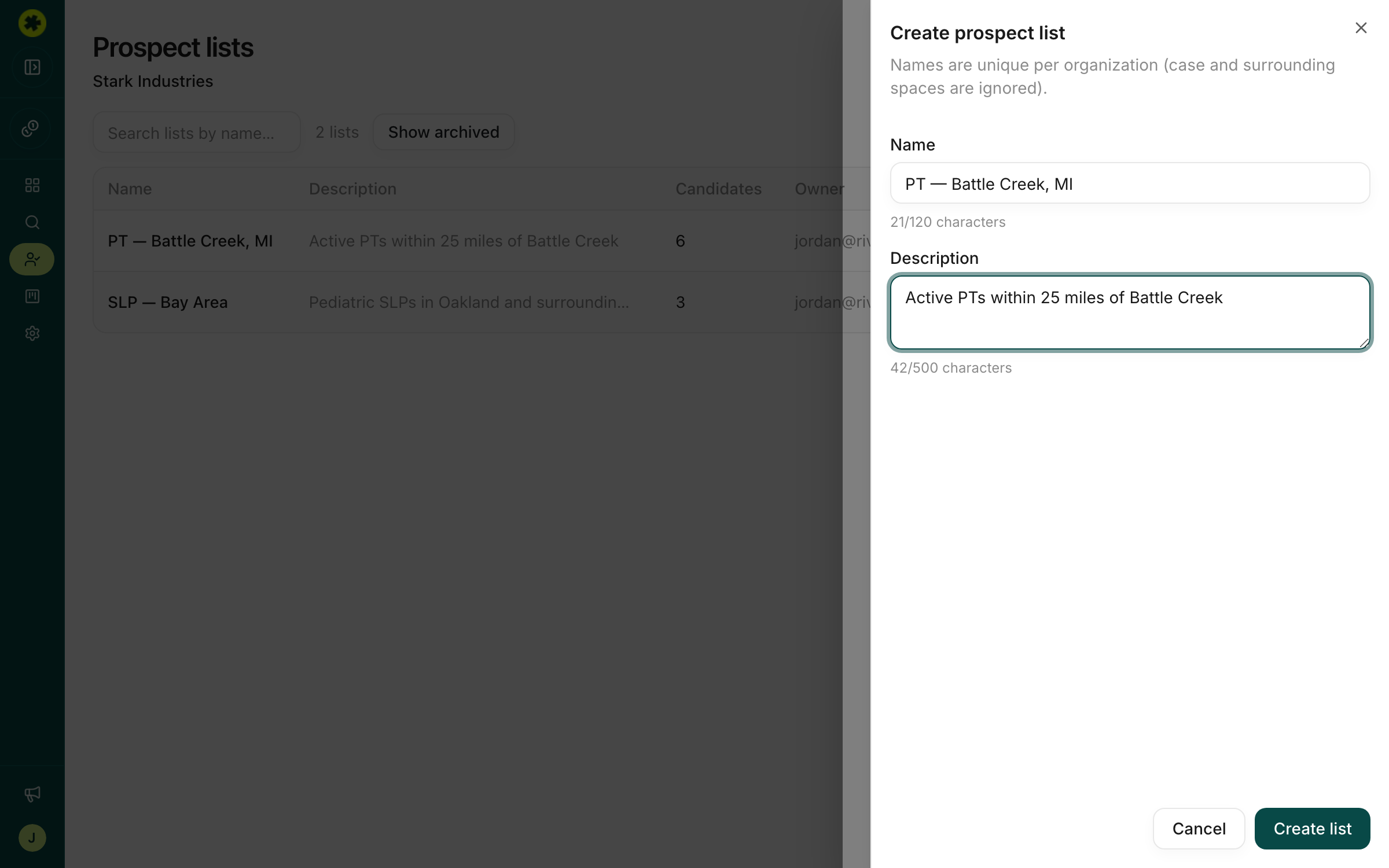 The New list dialog