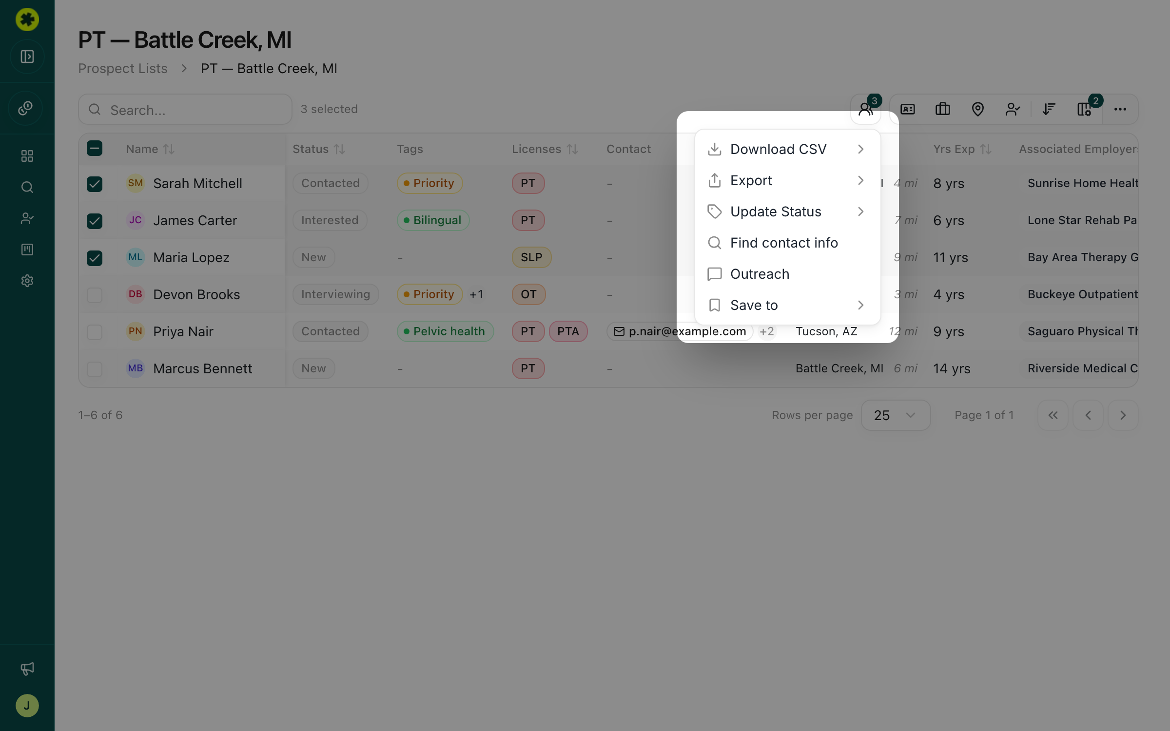 Starting bulk outreach from the Actions menu
