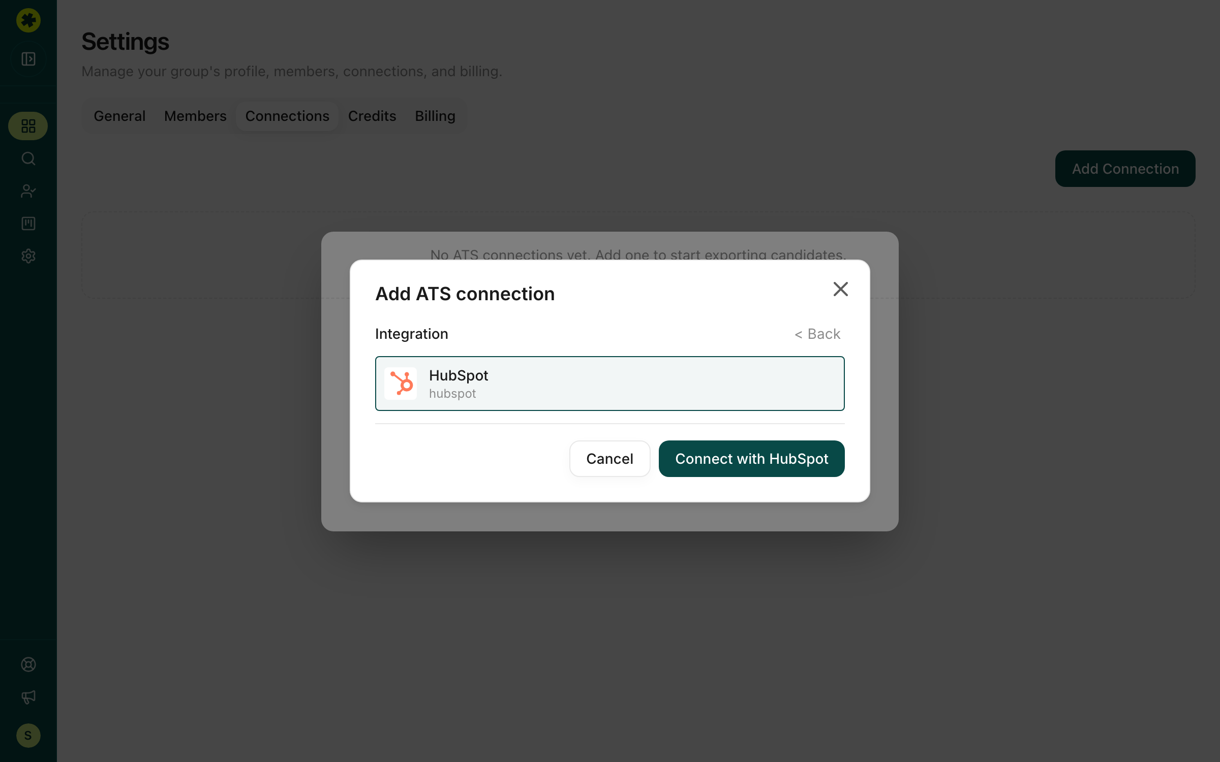 The Add ATS connection dialog with HubSpot selected and a Connect with HubSpot button