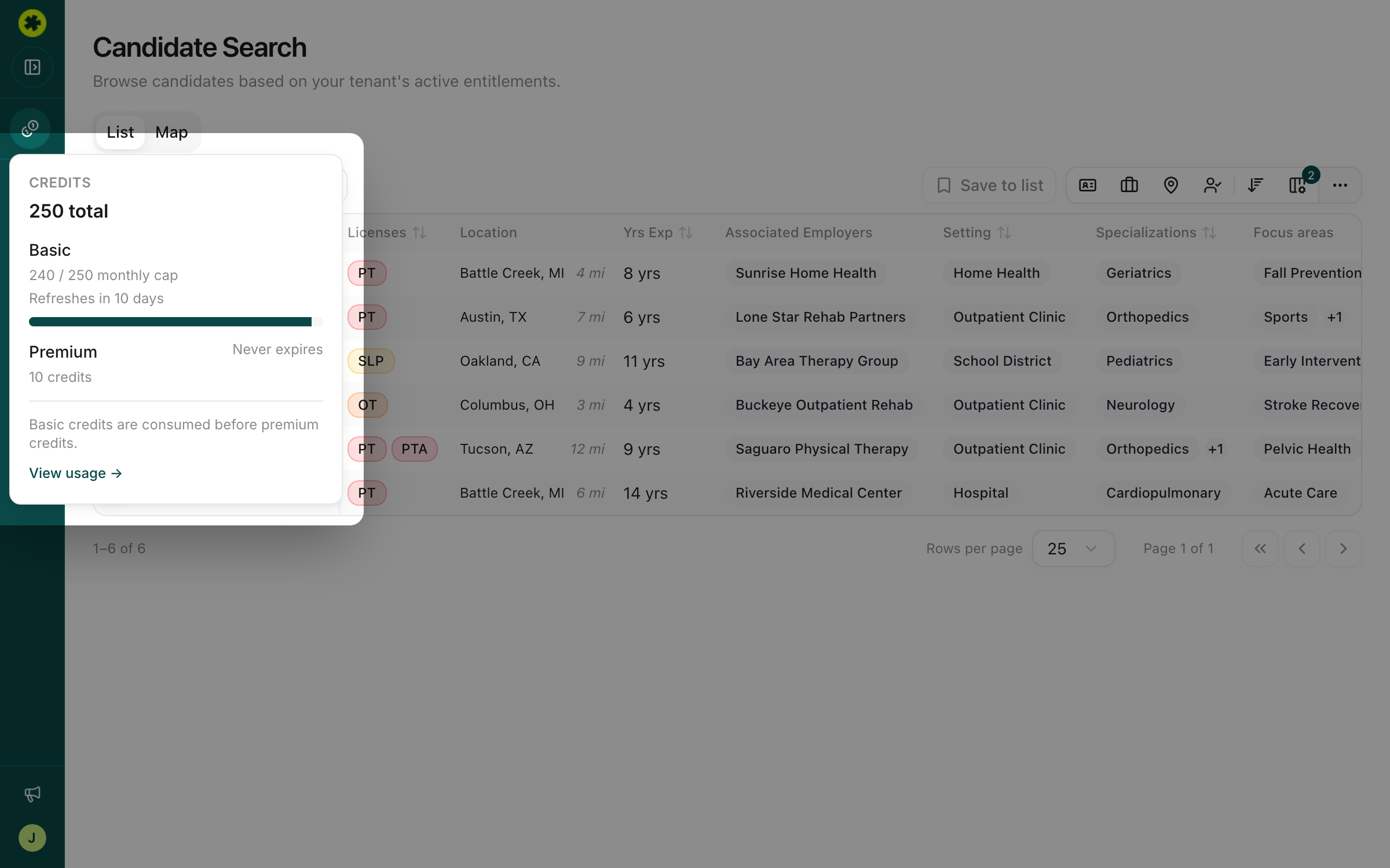 The sidebar credit balance popover