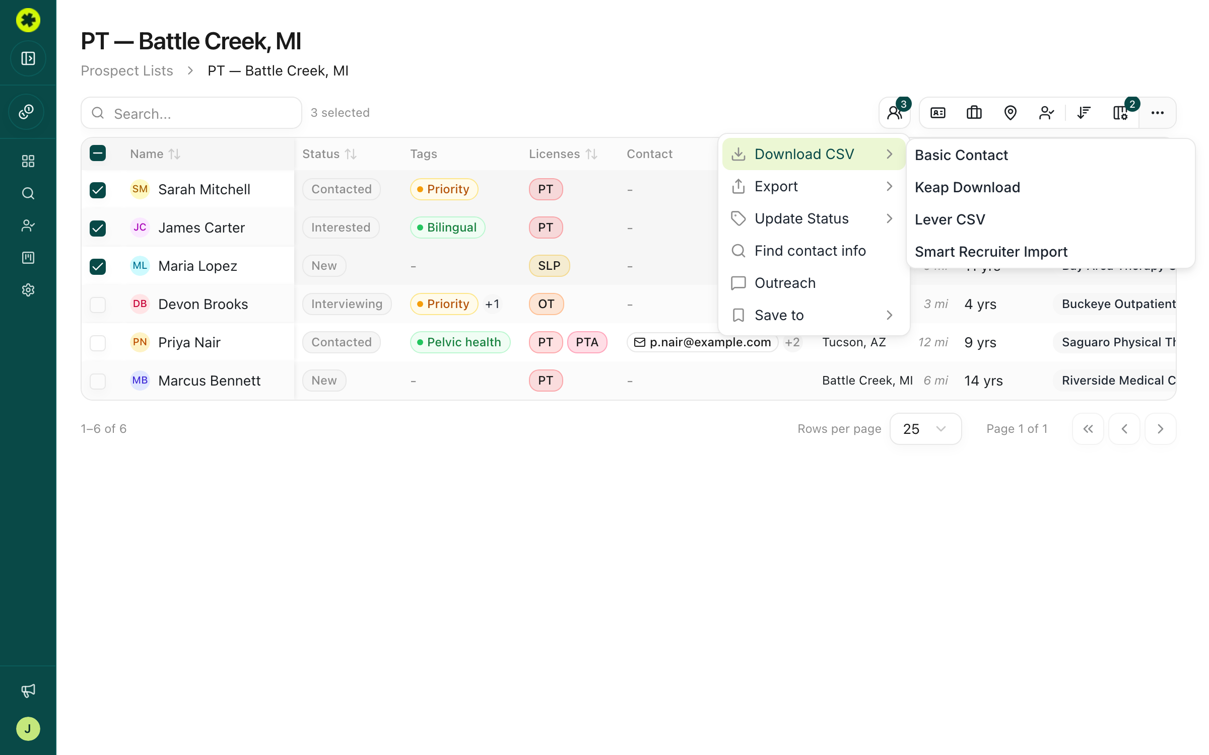 The Download CSV template picker in the Actions menu