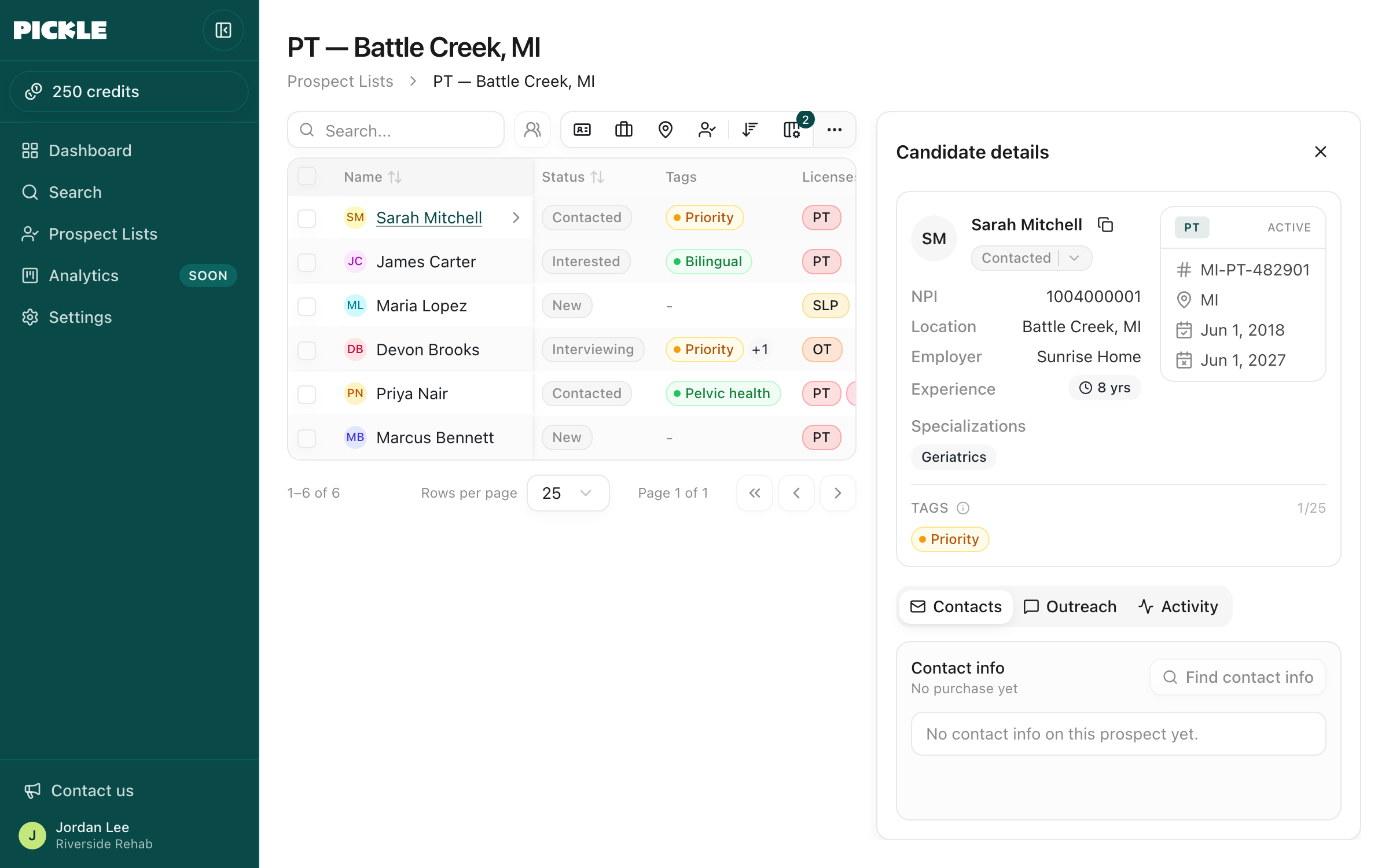 The left sidebar and candidate detail panel