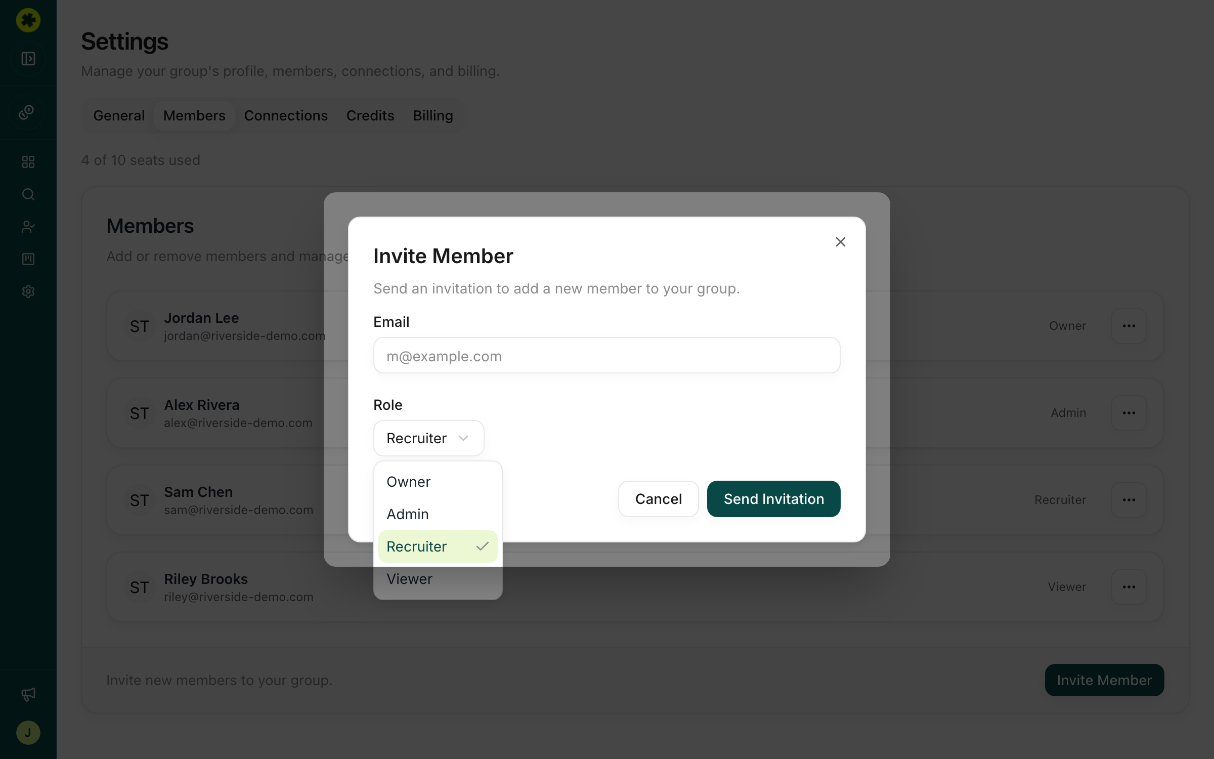 The Invite Member dialog with the role dropdown
