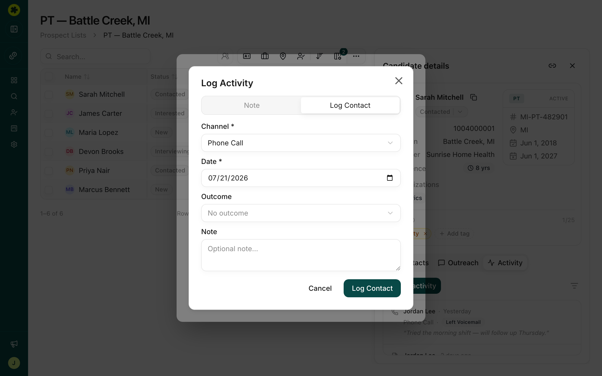 The Log Contact form with channel and outcome