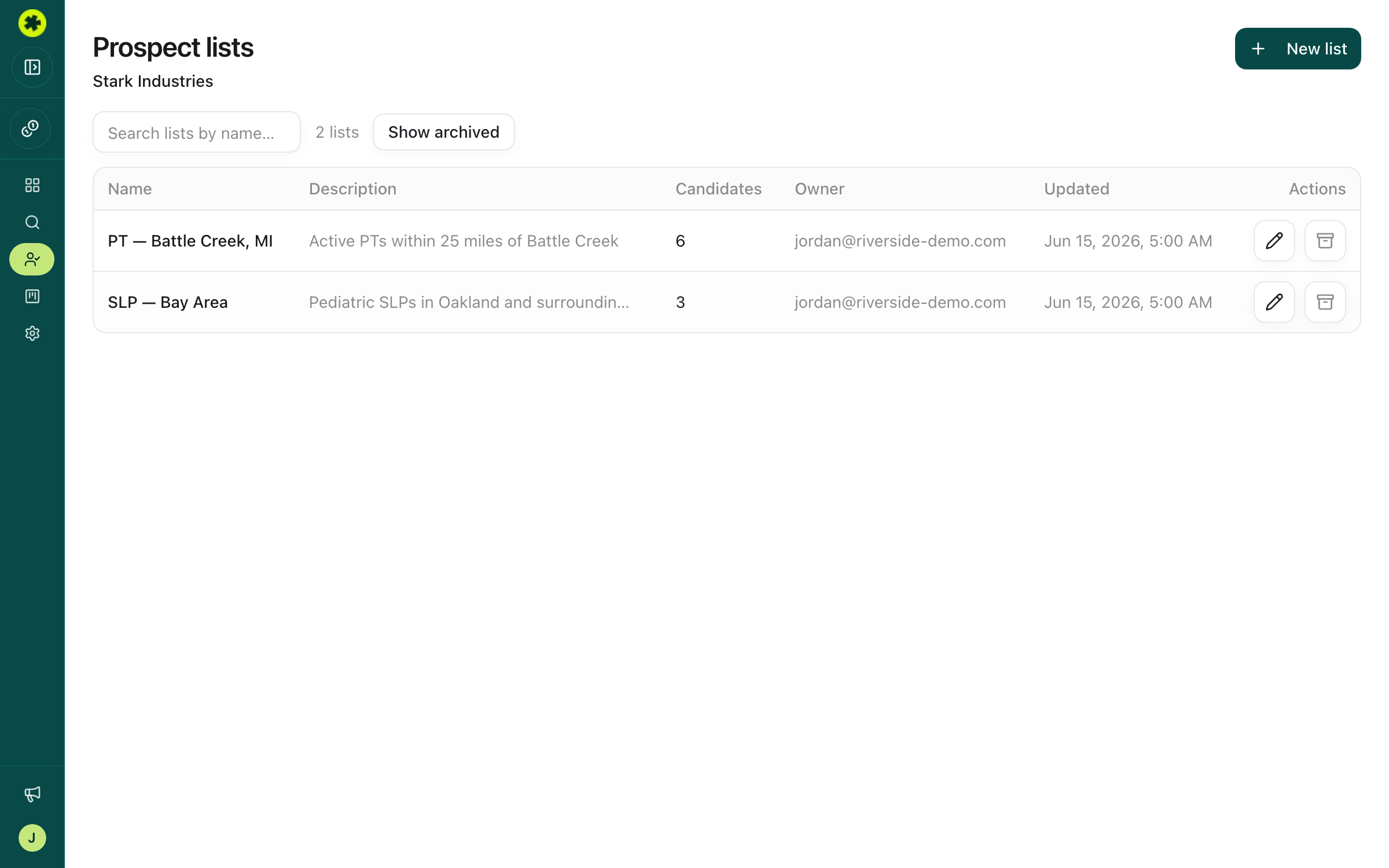 The Prospect Lists page with Edit and Archive actions and the Show archived toggle