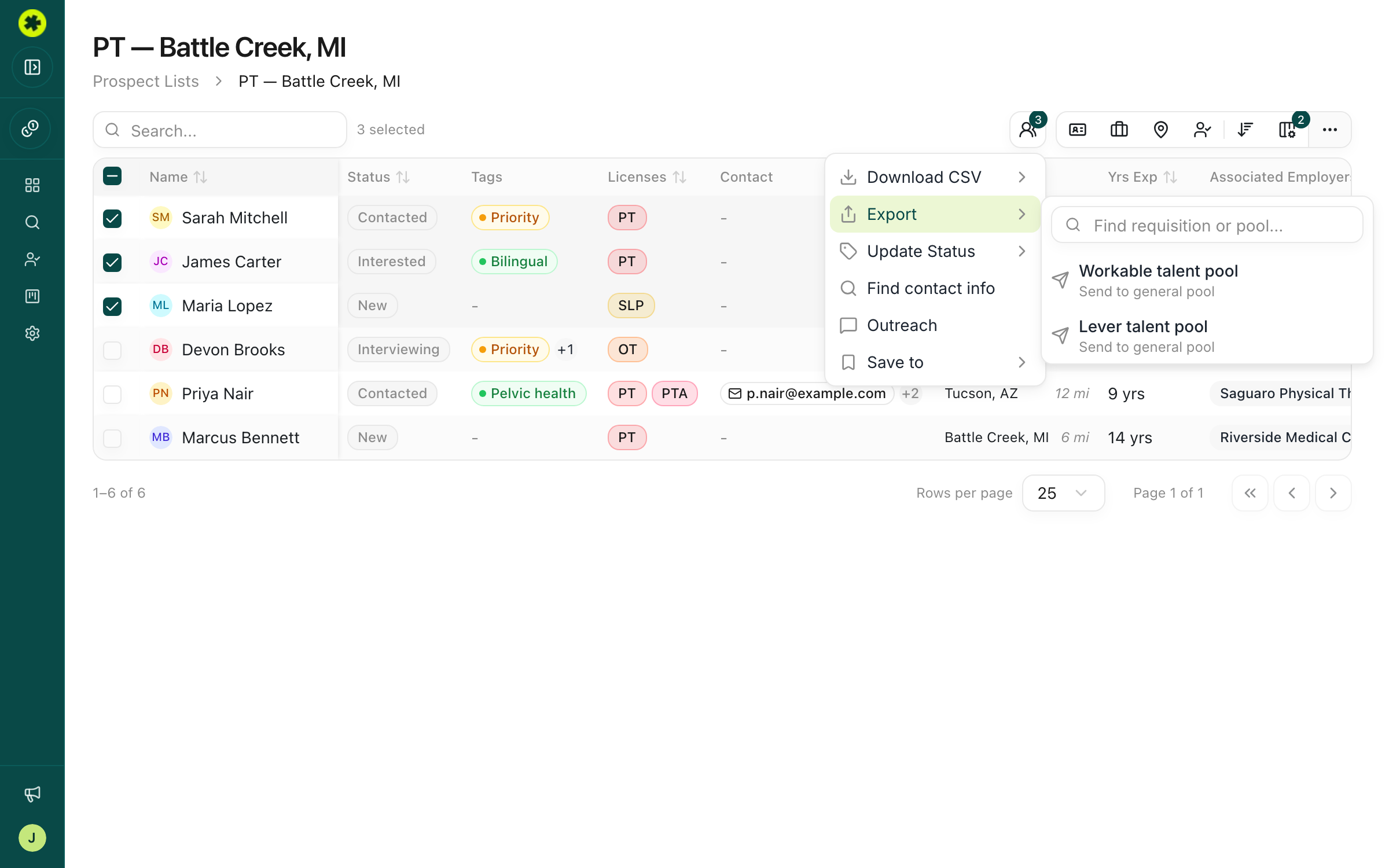 The Export submenu listing connected integrations