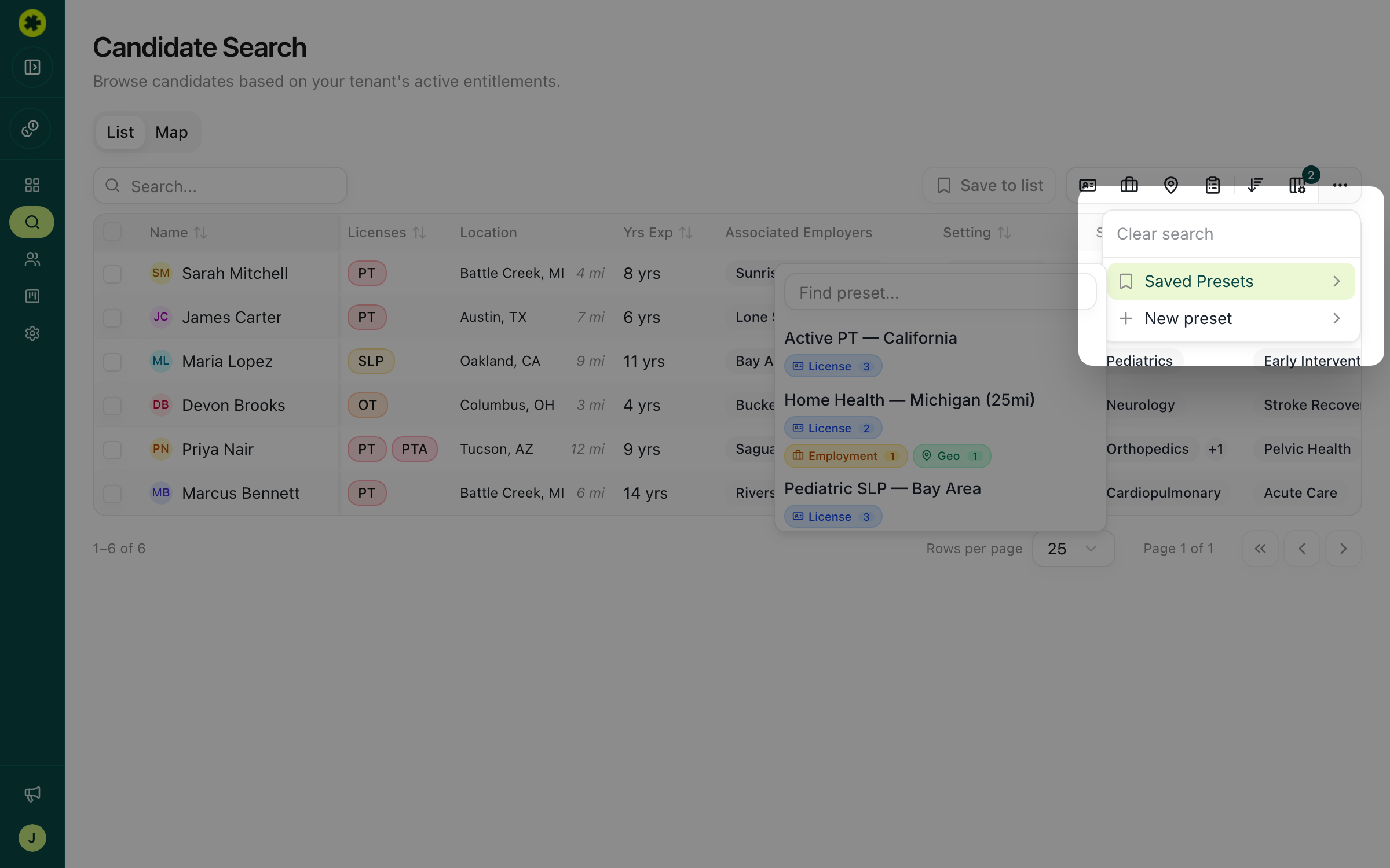 The Search presets menu