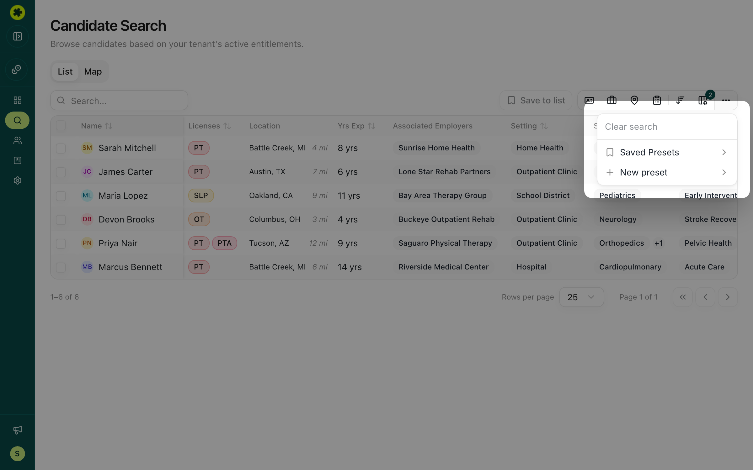 The Search presets menu