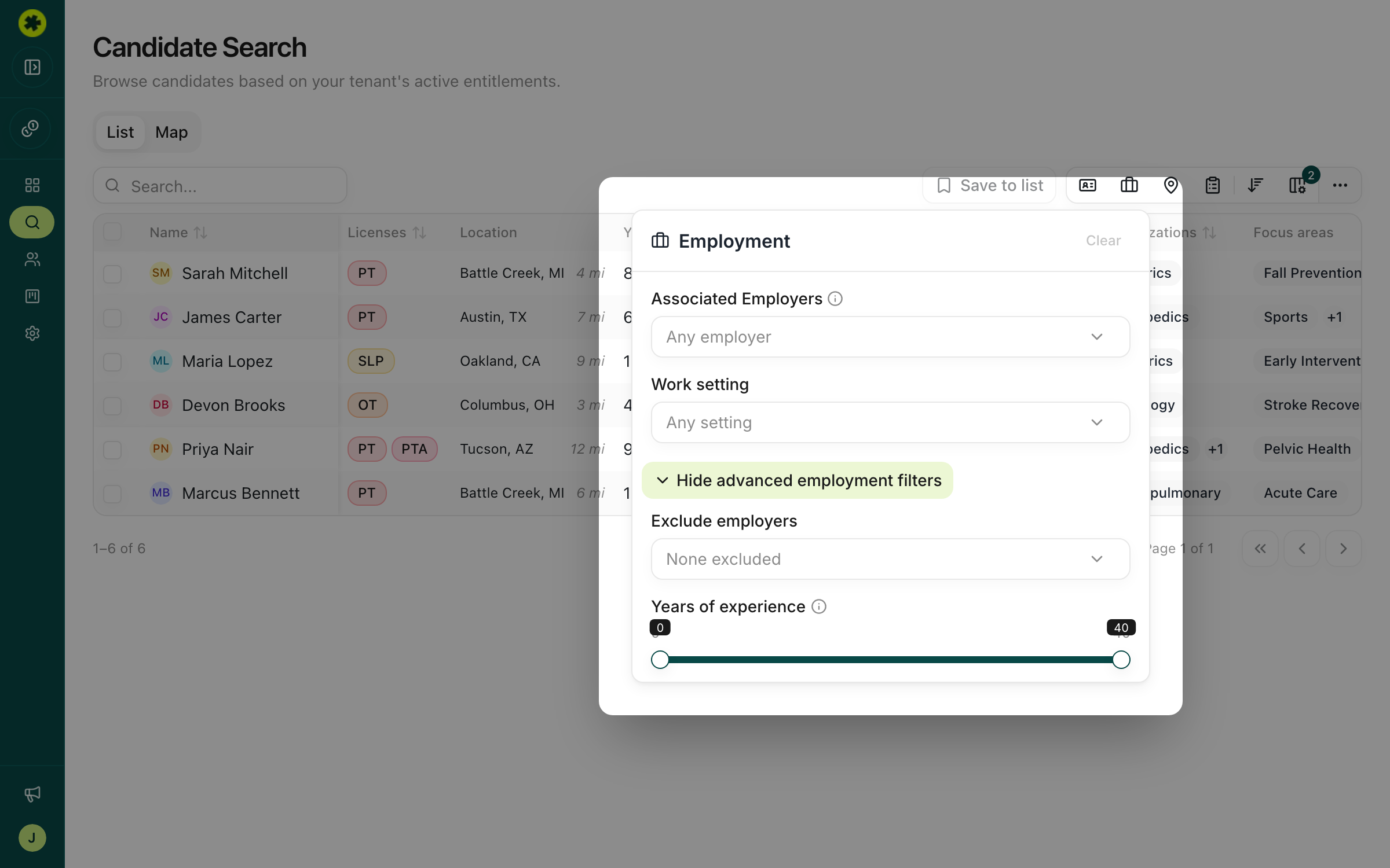 The Employment filters panel