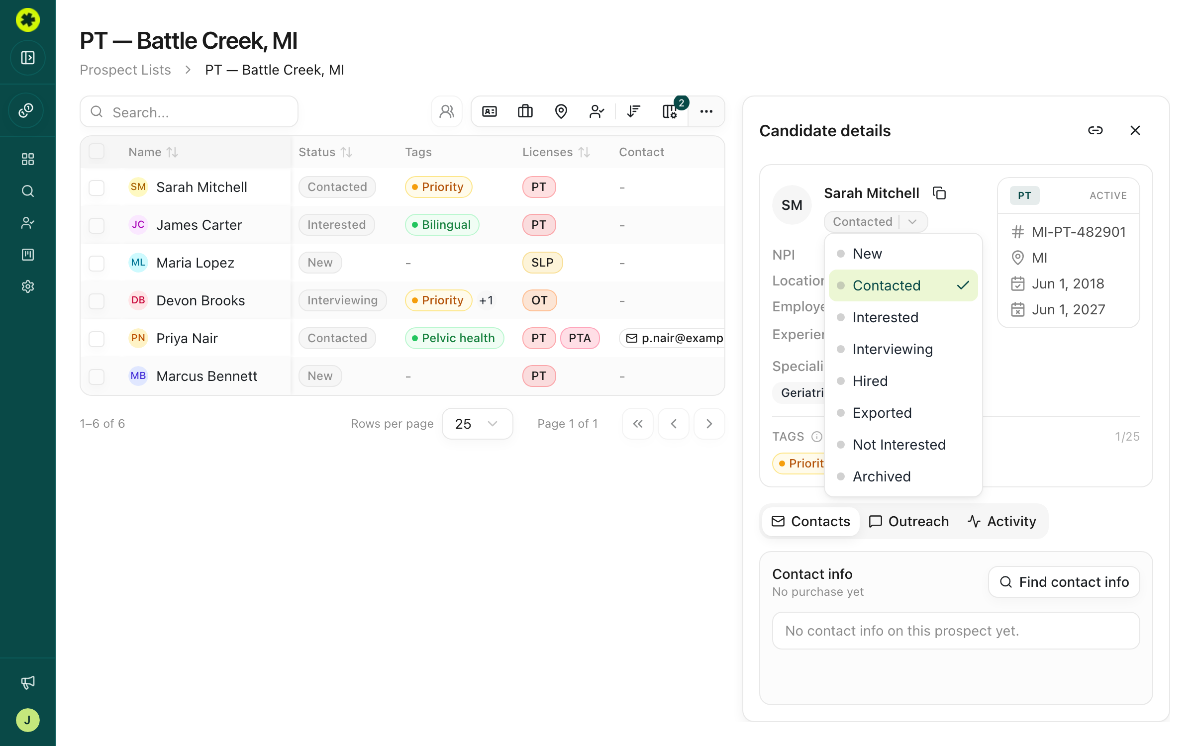 The status dropdown open on a candidate